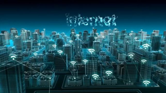 智能城市上的无线智能传感器图标，连接 “互联网” 技术。蓝色x射线鸟瞰图。4k动画。