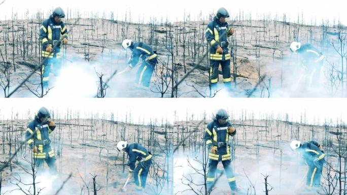 消防员正在扑灭残留的森林大火