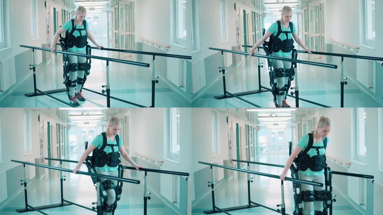 年轻女子正在使用exosuit在医院散步
