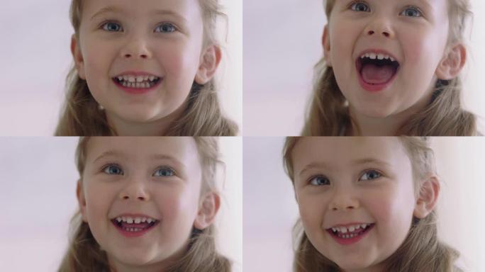 肖像快乐的小女孩微笑着带着顽皮的表情看起来快乐的孩子享受童年4k镜头