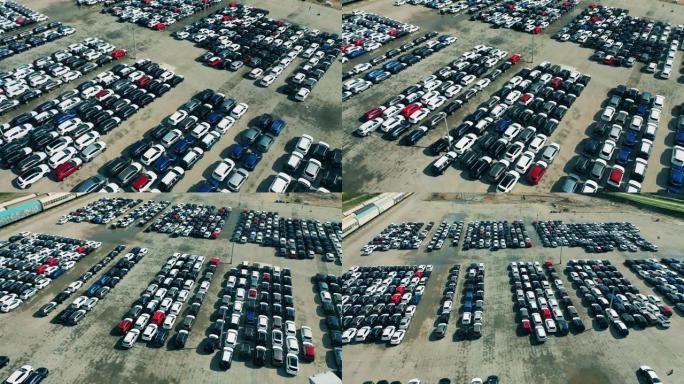 有大量汽车的工厂停车场的俯视图