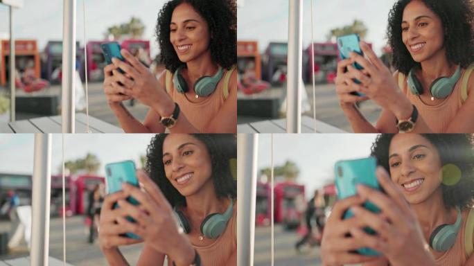 智能手机，夏季市场的城市打字和幸福女人，5g社交媒体将她的位置联网并谈论青年节。z世代，城市黑人妇女