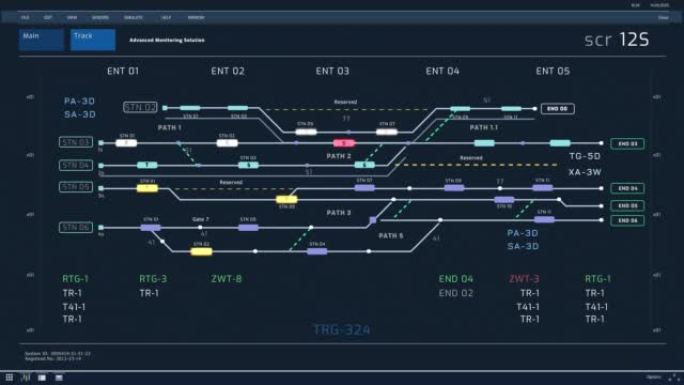 具有分析技术信息图表的先进监控系统。暗夜模式界面。控制室中用于计算机显示器和笔记本电脑屏幕的动画模型