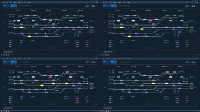 具有分析技术信息图表的先进监控系统。暗夜模式界面。控制室中用于计算机显示器和笔记本电脑屏幕的动画模型