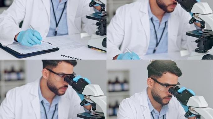 科学家，研究分析师或医学工程师通过显微镜观察并记录他的发现。检查DNA，RNA并发现医学领域的新创新