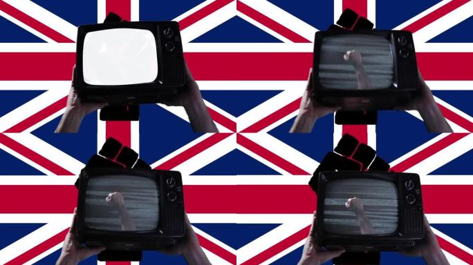 手握复古电视举起拳头在屏幕上的英国国旗。