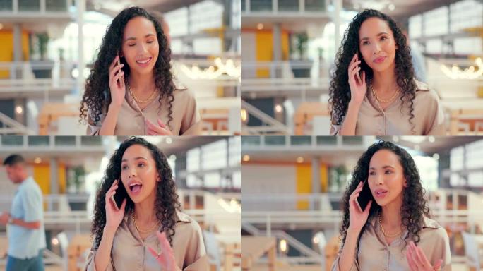 打电话，面对一个商业黑人妇女在她的办公室里，在她的手机上聊天，她很开心。与一名年轻的女员工在工作中的