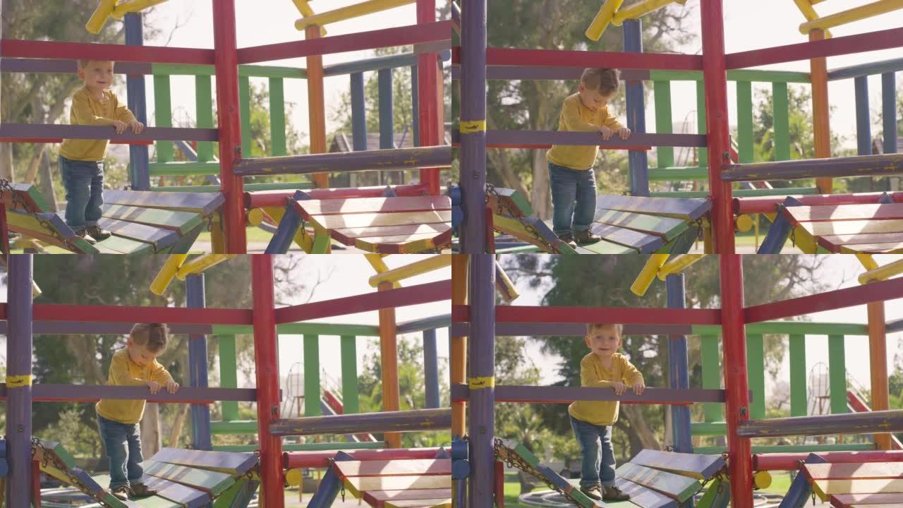 儿童，公园和丛林健身房，一个男孩在夏季独自在秋千桥上玩户外游戏。孩子，操场和年轻人，一个年轻的男孩在