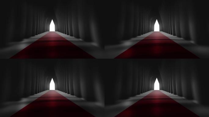 在慢动作中穿越未来派黑暗隧道 (可循环) 抽象3D动画。照明走廊的概念，室内设计，太空船，科学，技术