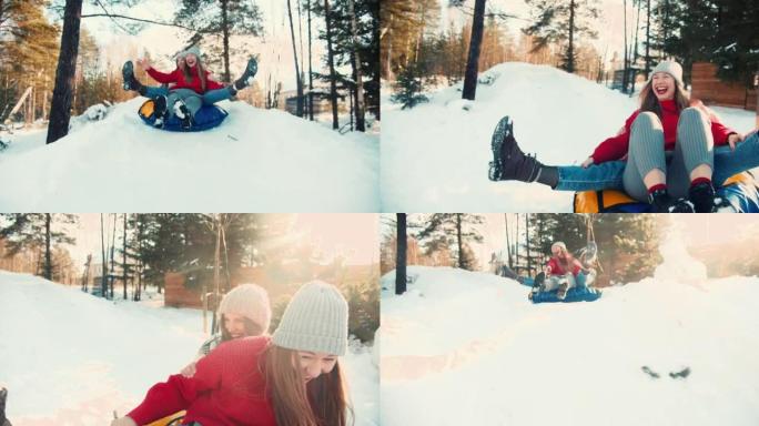 两个有趣的迷人快乐的年轻女性在雪坡上雪橇，将相机撞得更远。寒假休闲慢动作