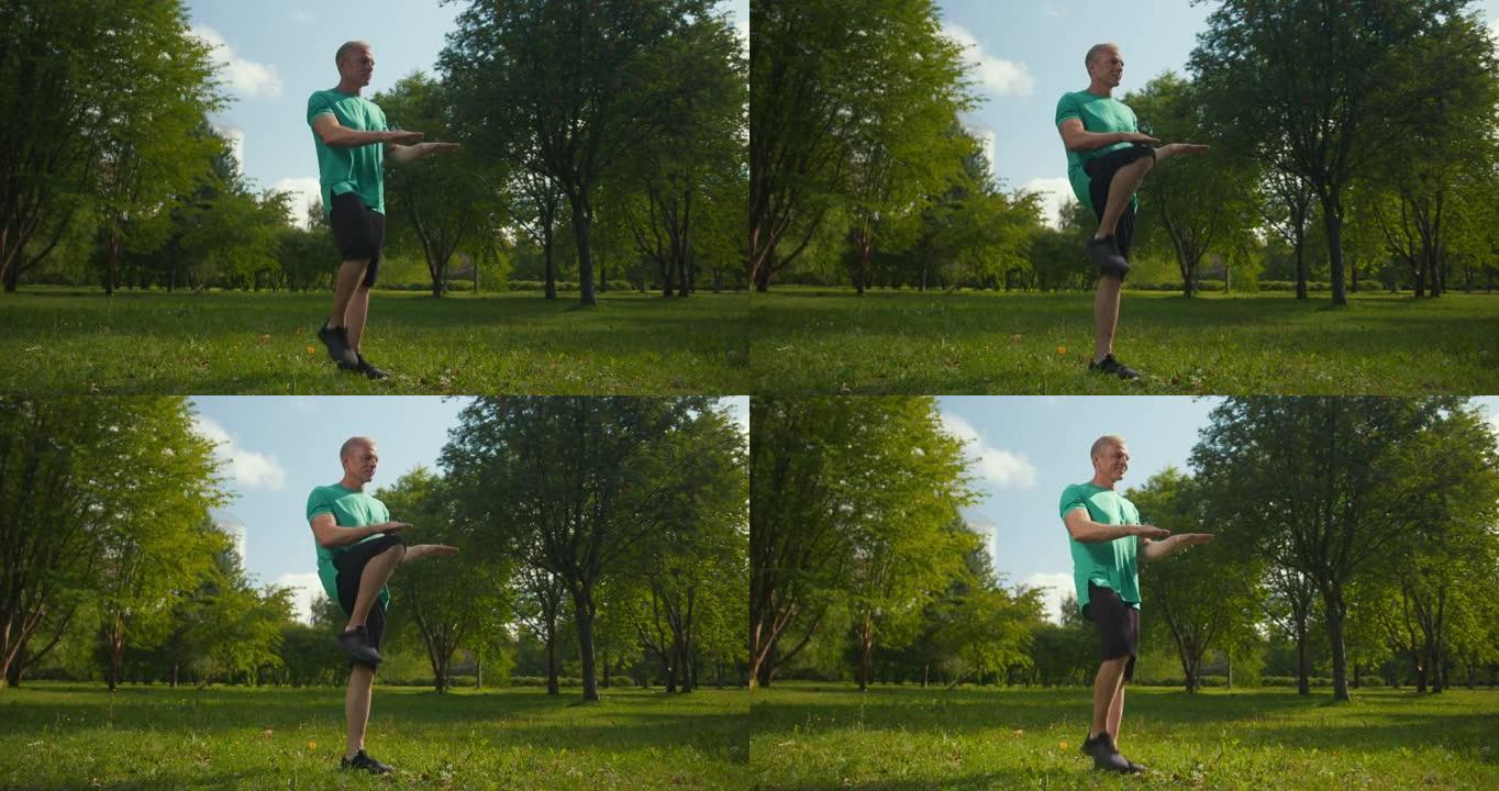 一个夏天的早晨，一位穿着绿松石t恤的中年金发运动员正在公园里热身。