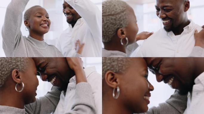 跳舞，爱情和幸福的黑人夫妇在恋爱关系中分享浪漫的时刻，信任和承诺。有特殊纽带的黑人男人和女人庆祝他们