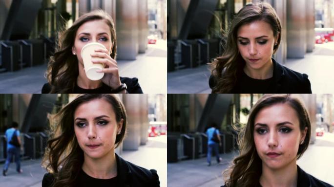4k视频片段，一名年轻的女商人在上班途中喝咖啡