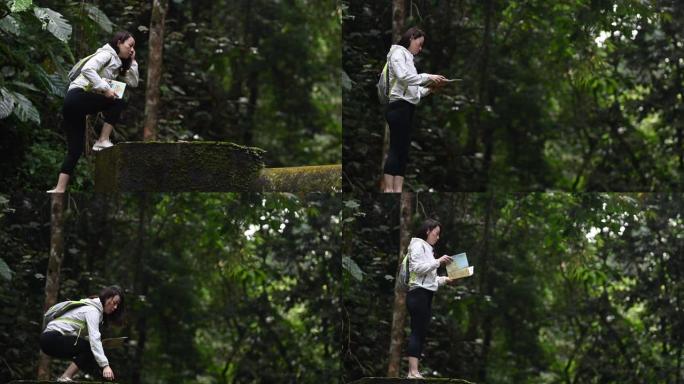 一位亚洲华裔美女在丛林雨林远足径中看着自己的地图