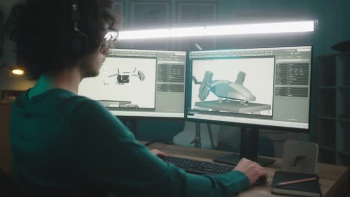 男性自由职业者渲染飞机3D模型