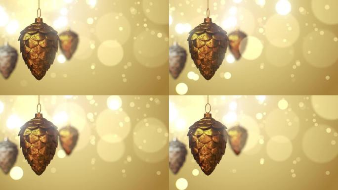 松果圣诞饰品背景设计、旋转、黄金金属、