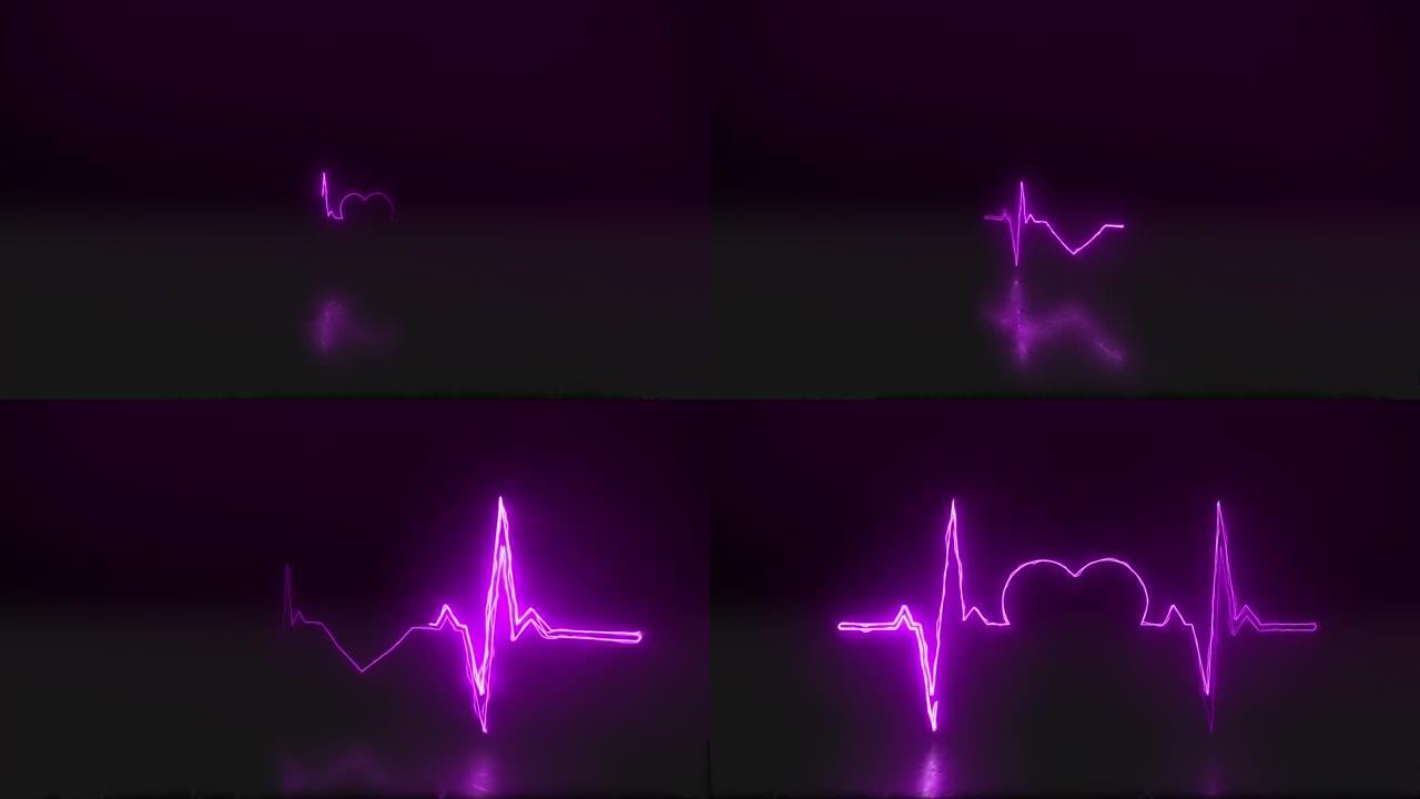 黑色背景下的紫色数字cgi心跳。视频介绍或演示的动画心电图。3D计算机生成的心脏的插图