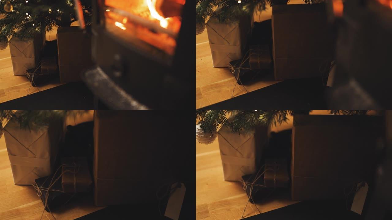 壁炉旁的圣诞树下的礼物