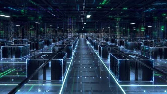 现代数据技术中心服务器机架在黑暗的房间与VFX。物联网的动画可视化概念，数据流，互联网流量的数字化。