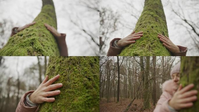女人在森林里拥抱树