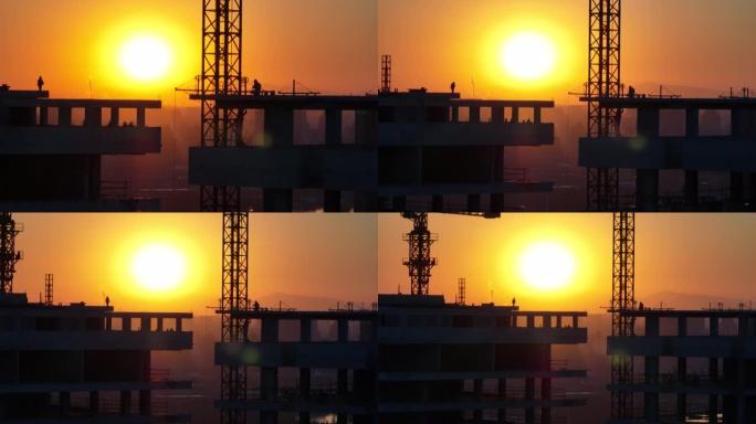 摩天大楼建筑工地日落时的鸟瞰图