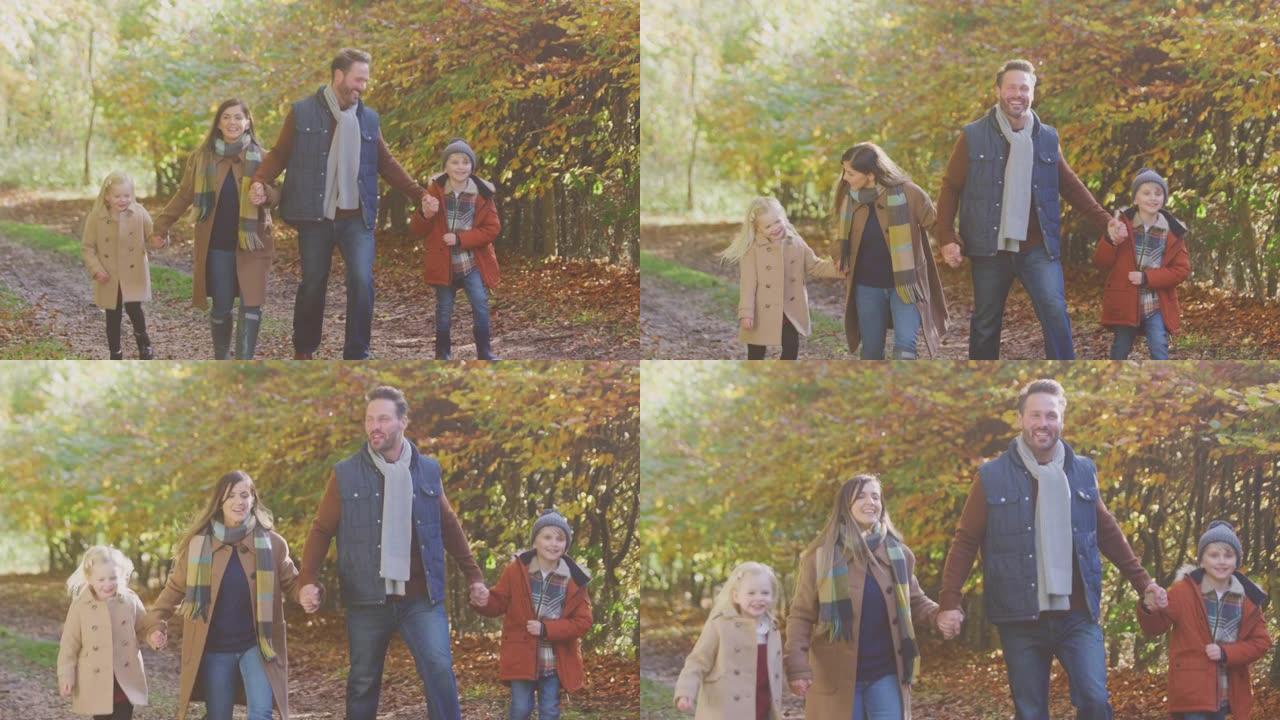 家庭与成熟的父母和两个孩子牵着手走在秋天的乡村的轨道上