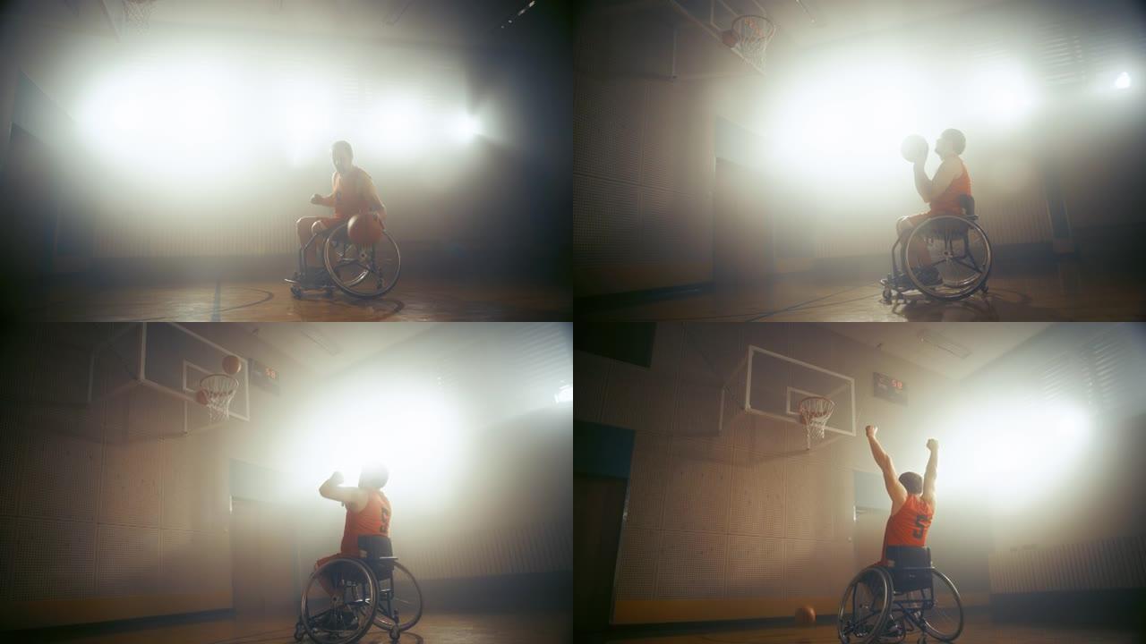 轮椅篮球运动员射门成功通过篮网，打进一球。残疾人的决心、训练、灵感。静态侧视图宽镜头，慢动作