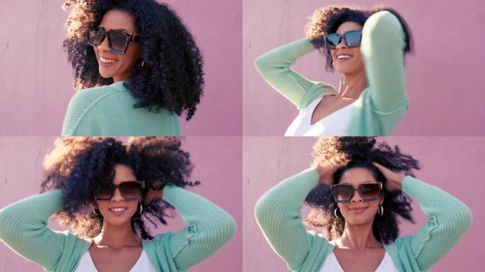 护发，时尚太阳镜和夏天快乐的黑人女性，微笑着夏天的卷发，并对粉红色城墙上的豪华眼镜感到兴奋。街头卷发