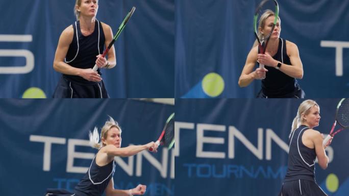 女子网球运动员在锦标赛中用球拍击球。职业美女运动员成功接受打击。世界体育比赛。慢动作中景回放