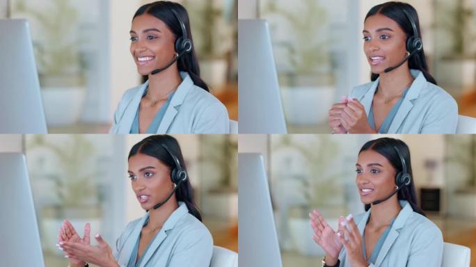 女性销售顾问在呼叫中心用耳机麦克风交谈。快乐的电子商务支持代理，具有商业沟通技能，向客户讨论公司服务