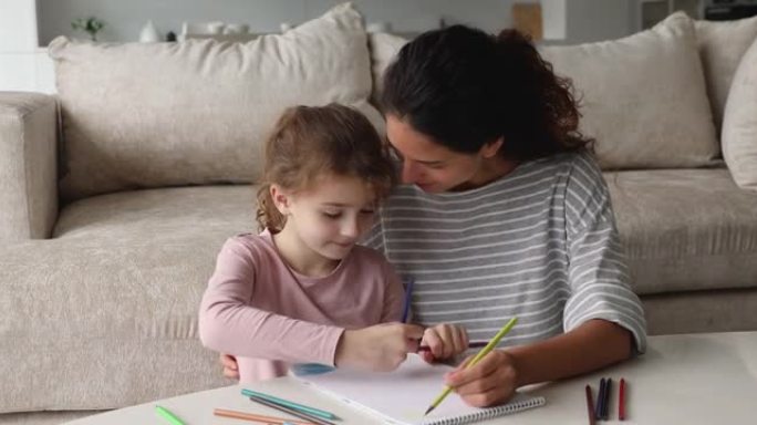 年轻的母亲和小女儿在素描本上用铅笔画画