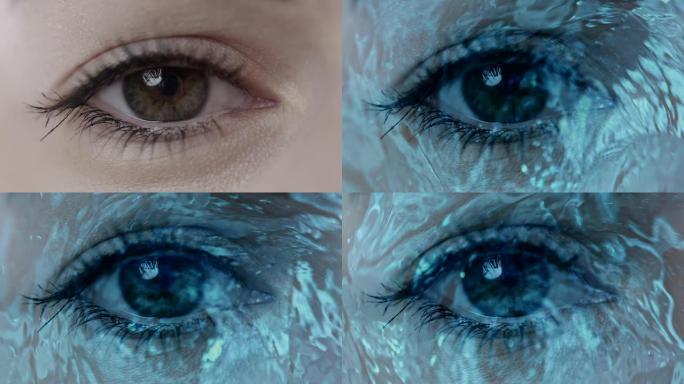 CU多次曝光拍摄女人的眼睛vs从堵孔中流下的水的涡流