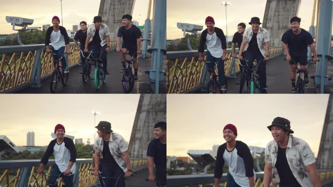 骑自行车的年轻人团体。