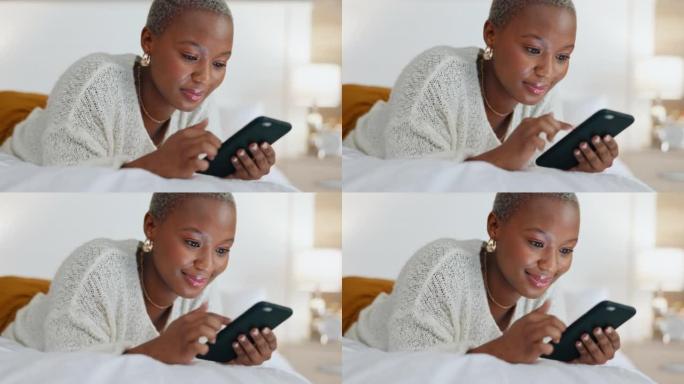 社交媒体电话，床上放松和黑人妇女在移动应用程序上进行交流，在网络上阅读通知，并对技术上的互联网搜索感