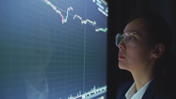 女商人在计算机监视器上查看股票数据