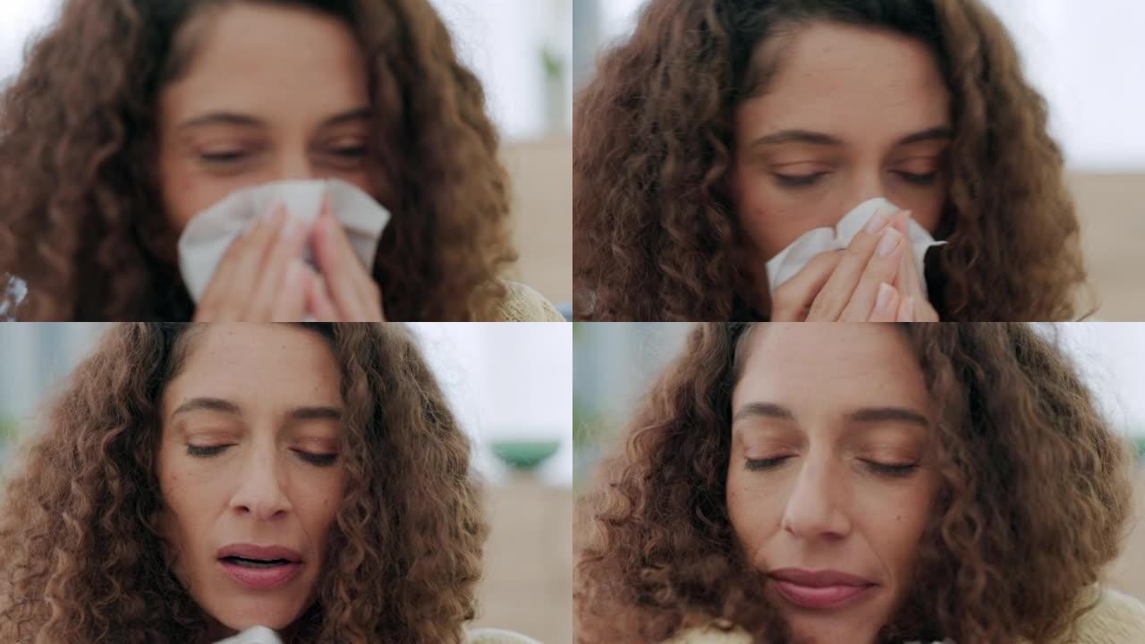 流感，生病和感冒的妇女打喷嚏，吹和擦拭流鼻涕的组织，而生病的covid，鼻窦和过敏症状在家里。悲惨的