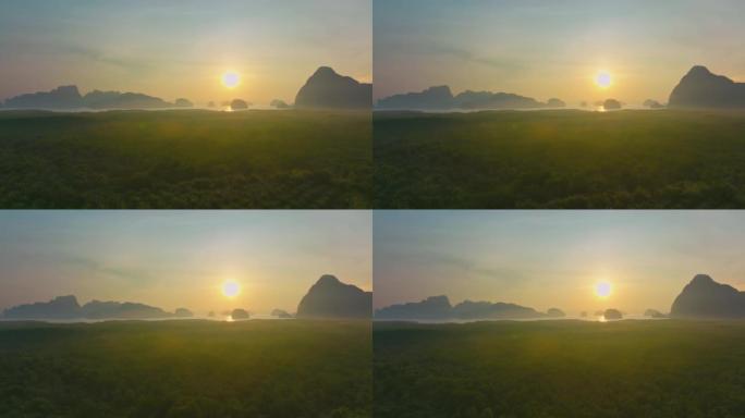 泰国甲米日出时的攀牙湾与山脉的鸟瞰图。