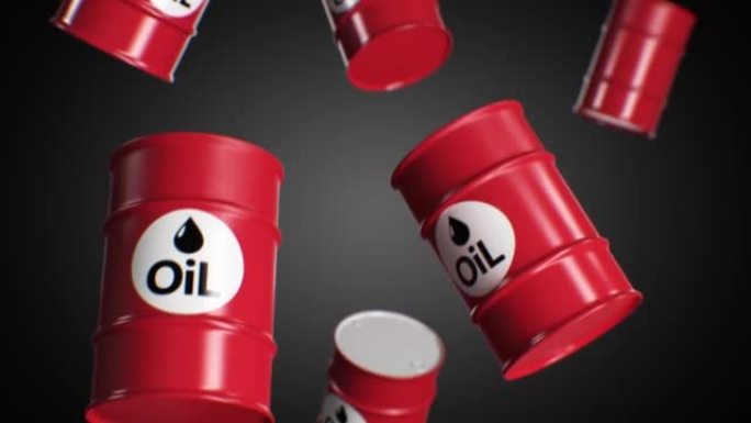 油桶在黑色背景上无缝下落。石油储备下降的循环3d动画。不断增长的石油价格和产量。商业和行业危机概念