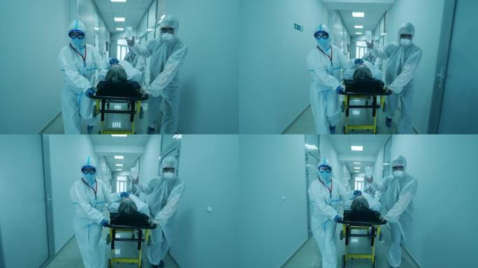 医生帮助一个有冠状病毒的人，把他转移到担架上。在诊所冠状病毒新型冠状病毒肺炎受感染的病人。