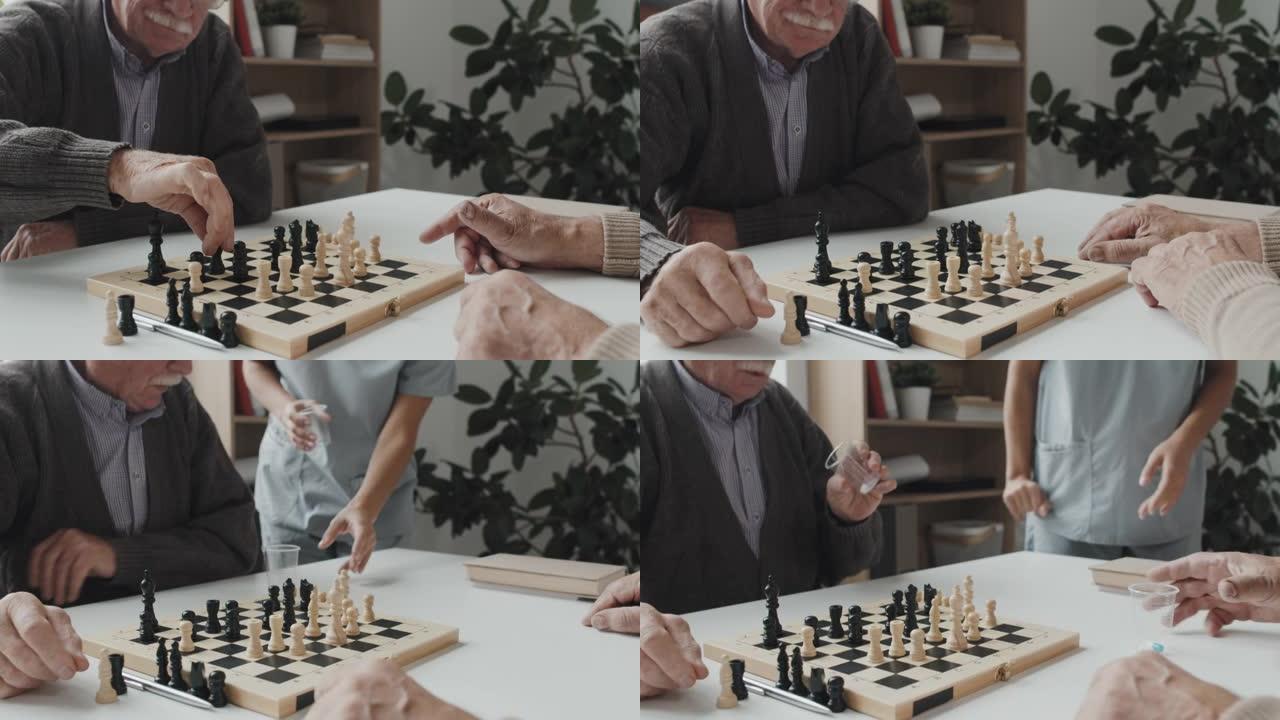 老人在疗养院下棋国际象棋、4k分辨率、休