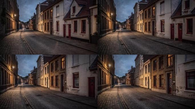 布鲁日 (Bruges) 在黄昏时的老城区-追踪穿过历史悠久的鹅卵石街道