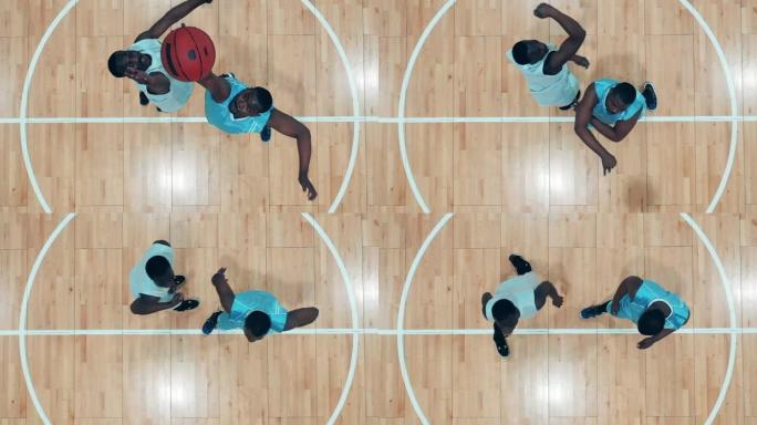 非裔美国运动员争夺篮球的俯视图