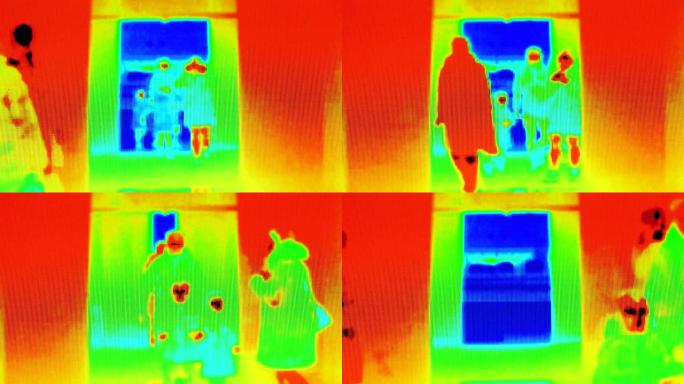 新型冠状病毒肺炎预防，冠状病毒概念。穿过公共区域的人的热图像