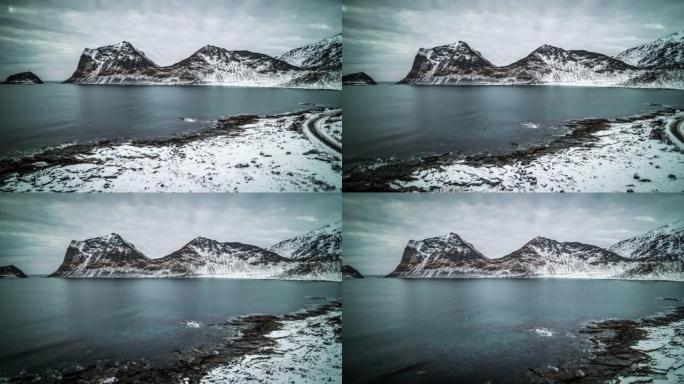 挪威罗弗滕群岛的北极冬季海岸线