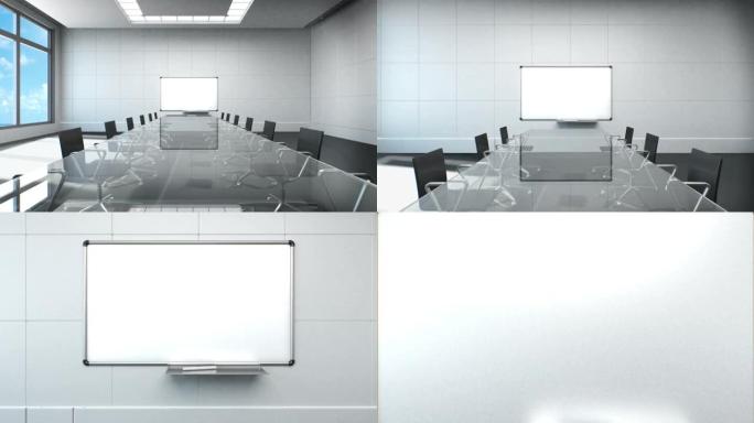 真正的会议室，头脑风暴，向前移动的摄像机，前白板。4 k动画。