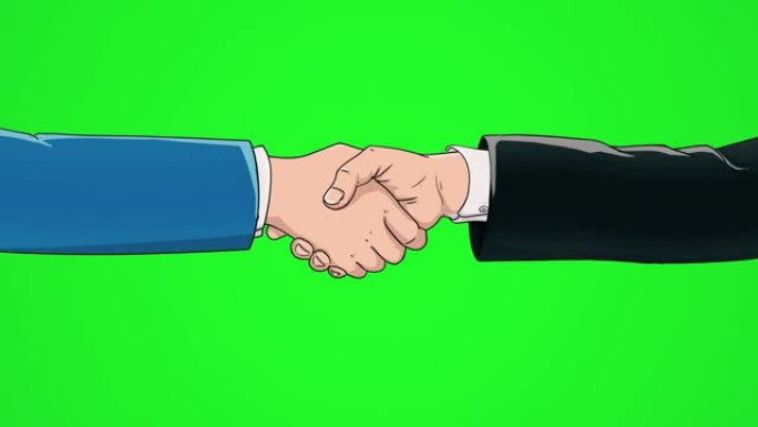 两个商人在绿色背景前合作。握手的概念，商业协议，政治，会议，国际友好关系，外交官握手，和平贸易政策，