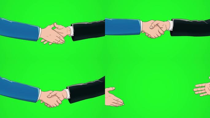 两个商人在绿色背景前合作。握手的概念，商业协议，政治，会议，国际友好关系，外交官握手，和平贸易政策，