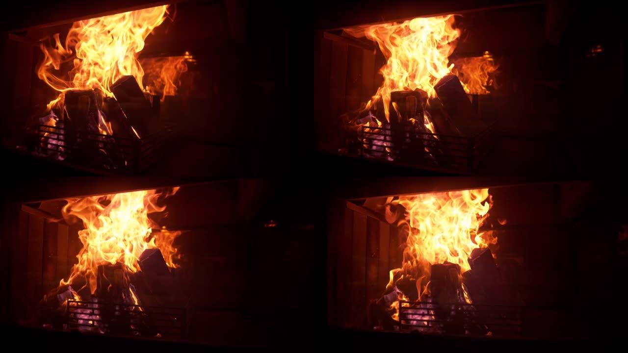 特写: 风景如画的老式壁炉内燃烧的浪漫大火的镜头