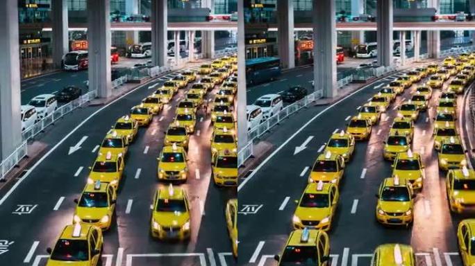 T/L PAN晚上在机场出口繁忙的出租车排队