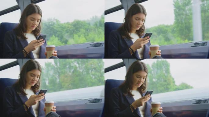带外卖咖啡通勤的女商人在火车上上班看手机